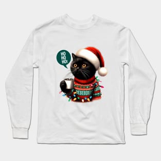 Santa Black Cat Tangled Up In Christmas Tree Lights Holiday Long Sleeve T-Shirt